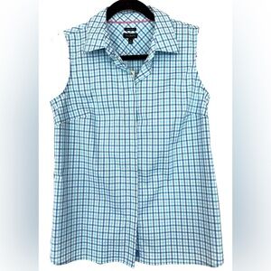Talbots Sleeveless Blue & White Checkered Button Down Shirt